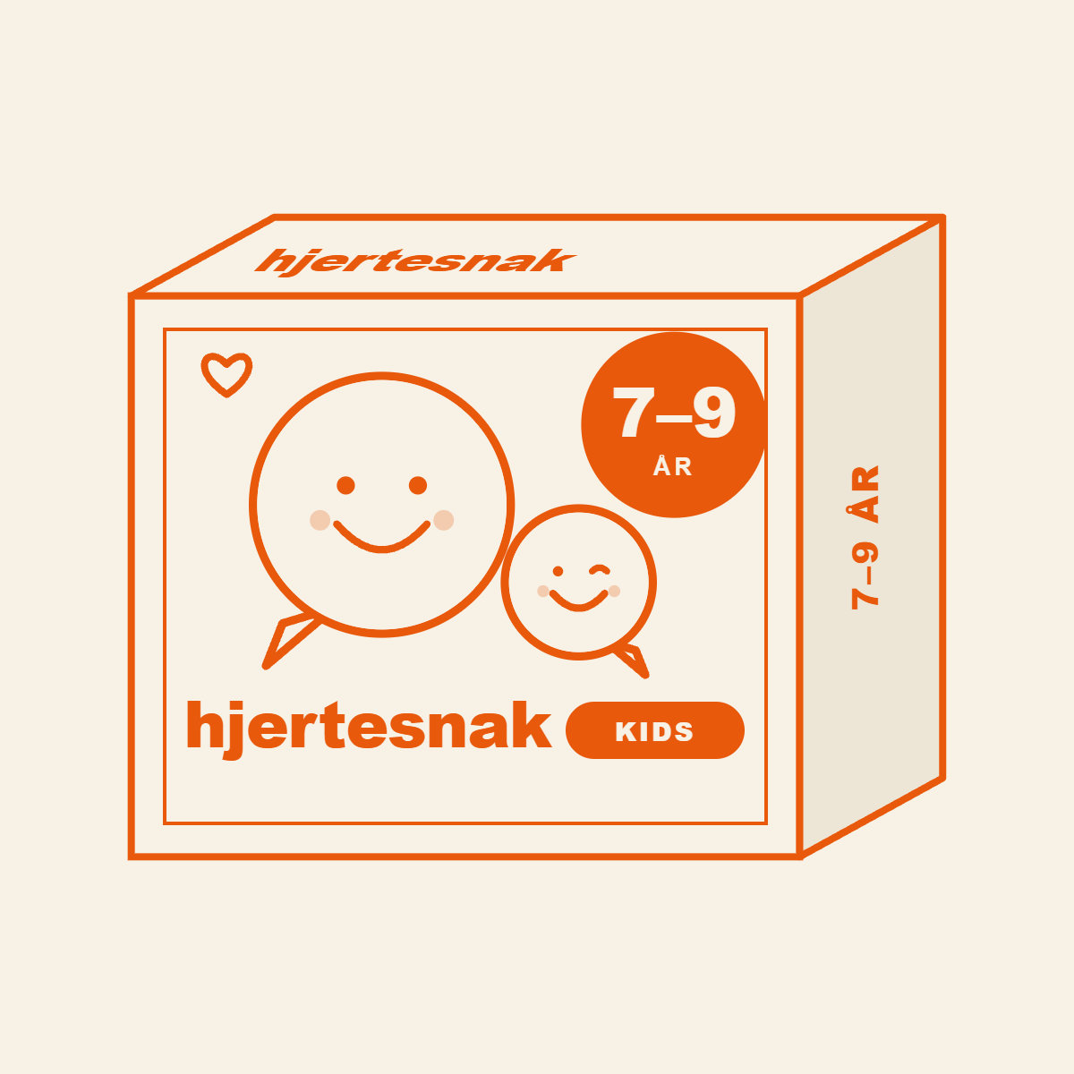 Hjertesnak Kids 7–9 år – samtalekort til skolebørn, orange æske